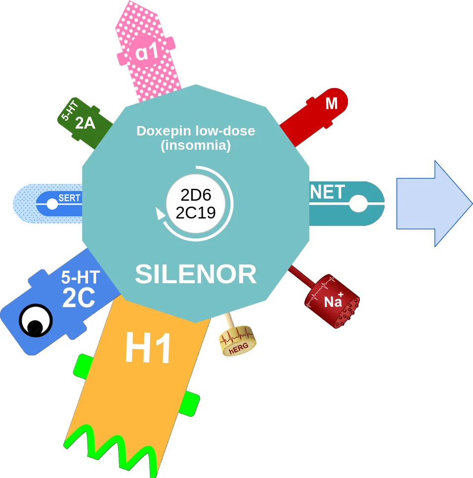 Doxepin low-dose (insomnia) ballicule: receptor binding, kinetics and half-life diagram