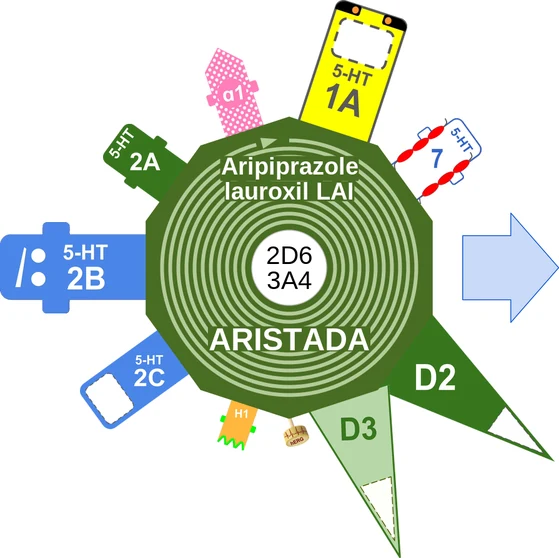 Aripiprazole lauroxil LAI ballicule — decagon diagram of its receptor and enzyme targets