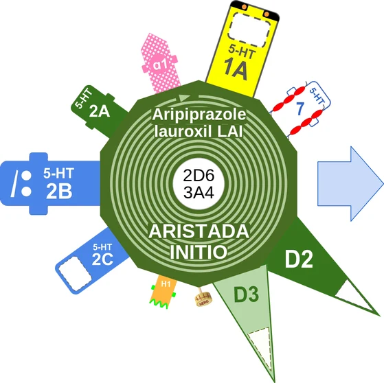 Aripiprazole lauroxil LAI ballicule — decagon diagram of its receptor and enzyme targets