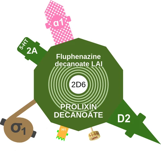 Fluphenazine decanoate LAI ballicule — decagon diagram of its receptor and enzyme targets