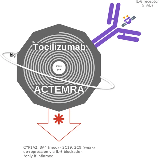Tocilizumab ballicule — decagon diagram of its receptor and enzyme targets